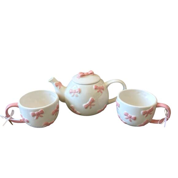 Lang Design Hand Painted Pink Bow Ceramic Teapot and Set of 2 Mugs New - Picture 13 of 16